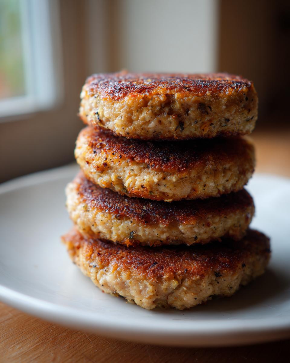 A vertical stack of four perfectly pan-fried Quick Tuna Patties with a golden-brown crust, resting on a white plate.