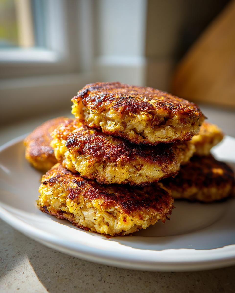 A stack of perfectly pan-fried Quick Tuna Patties with a golden-brown, crispy exterior on a white plate.