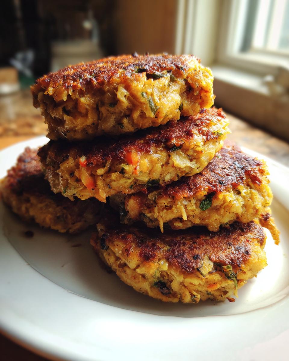 A stack of four golden brown, pan-fried Quick Tuna Patties resting on a white plate.