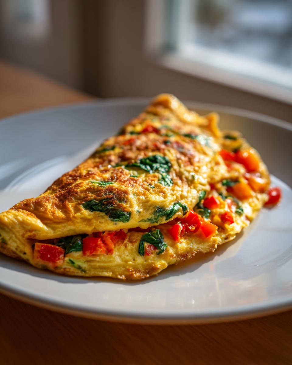 A golden folded Quick Veggie Omelette filled with red peppers and spinach served on a white plate.