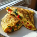 Two halves of a folded Quick Veggie Omelette stuffed with red peppers and spinach, served on a white plate.