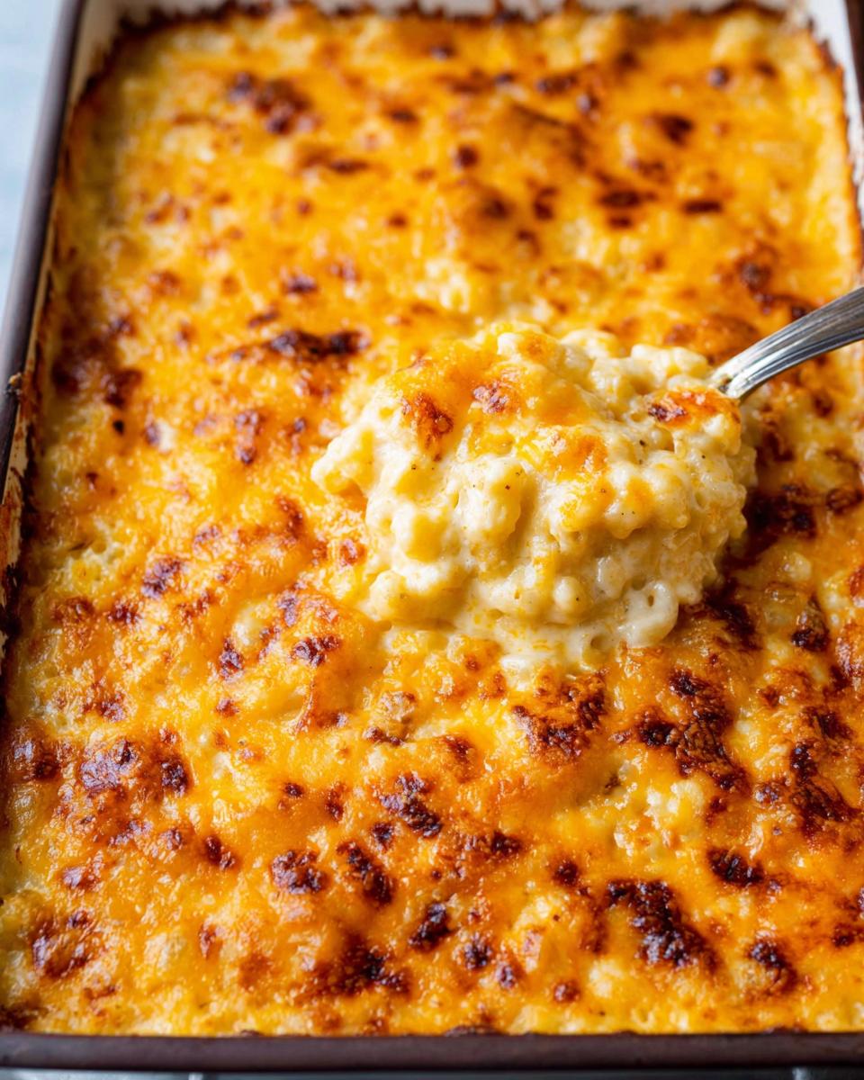A spoonful of creamy Baked Mac and Cheese being lifted from a casserole dish showing the bubbly, golden-brown cheese topping.