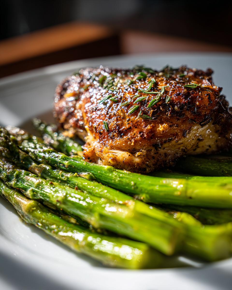 A close-up of seasoned, pan-seared chicken breast resting on bright green asparagus spears, perfect for Quick Dinner Ideas.