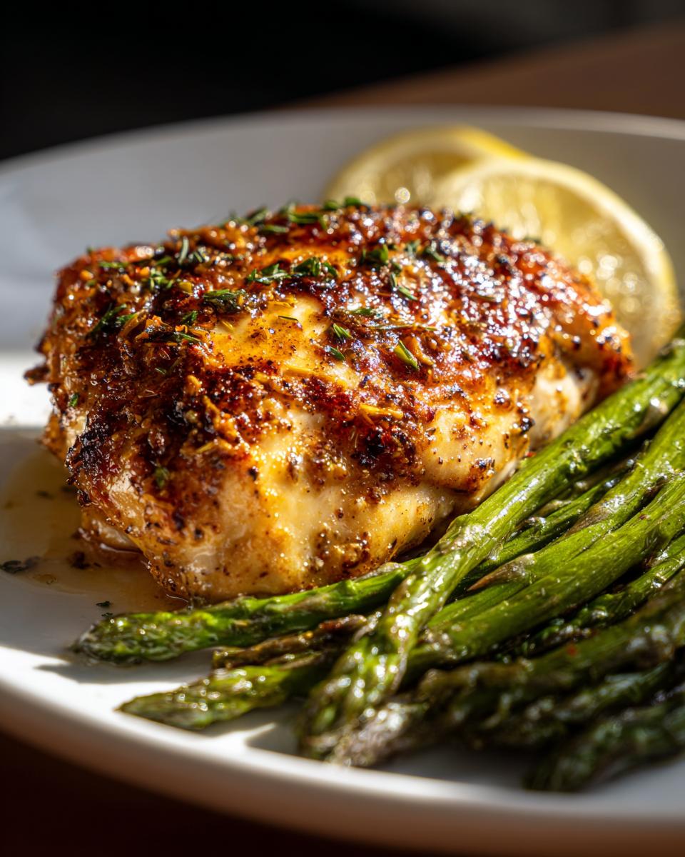 Close-up of a perfectly cooked, seasoned chicken breast served with roasted asparagus and a lemon slice, ideal for Quick Dinner Ideas.