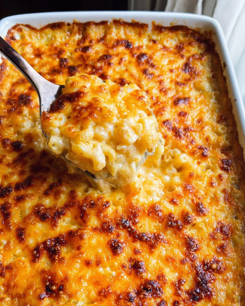 A spoonful of creamy Baked Mac and Cheese being lifted from a casserole dish with a golden-brown, bubbly cheese crust.