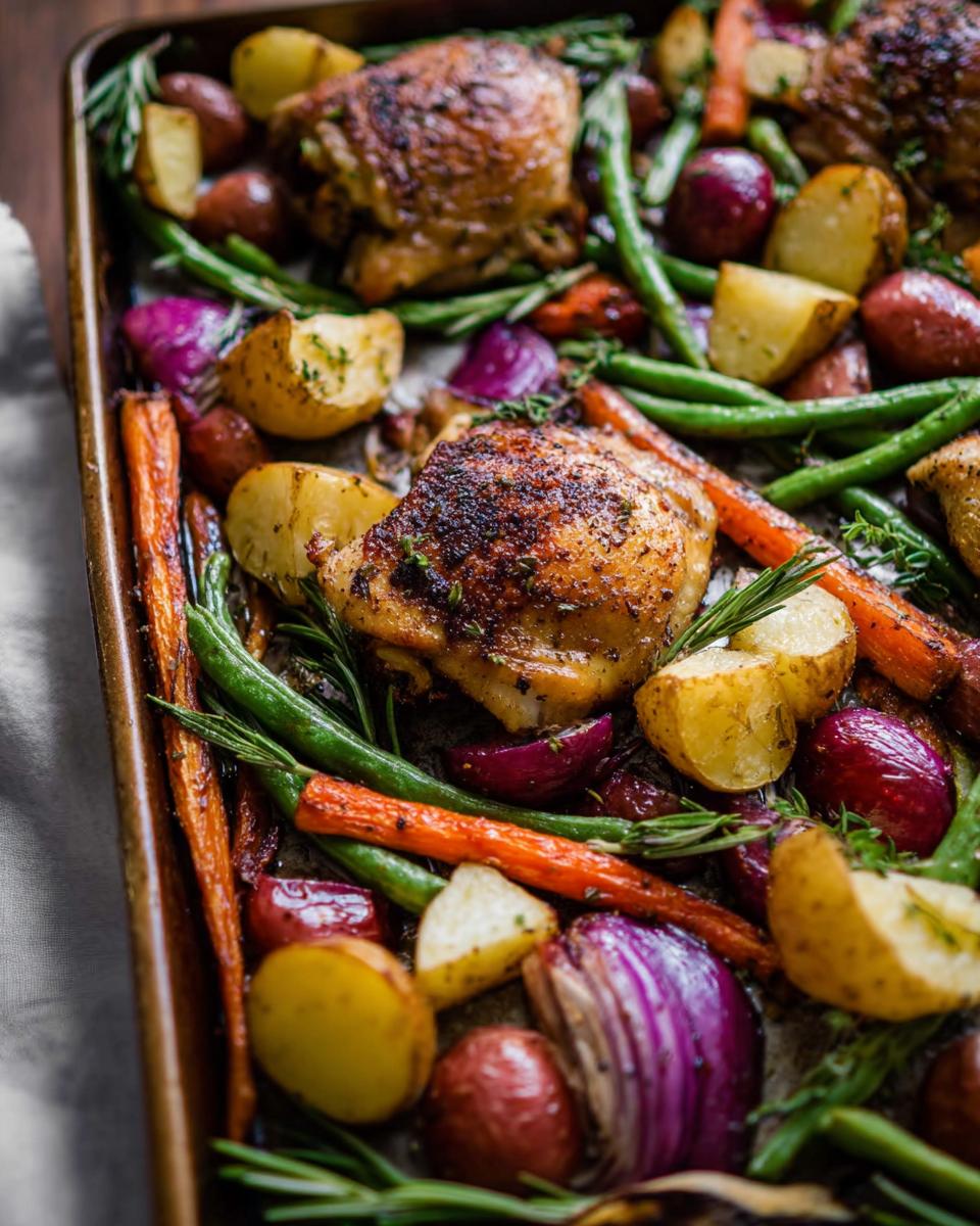 Close-up of crispy Sheet-Pan Chicken & Veggies including chicken thighs, potatoes, carrots, and red onions.