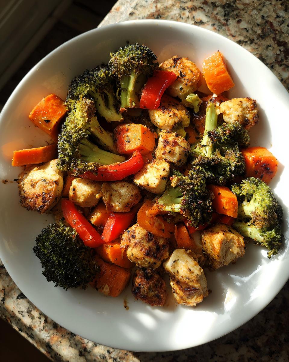 A white bowl filled with chunks of seasoned chicken, roasted broccoli, sweet potatoes, and red peppers from a Sheet Pan Chicken & Veggie Dinner.