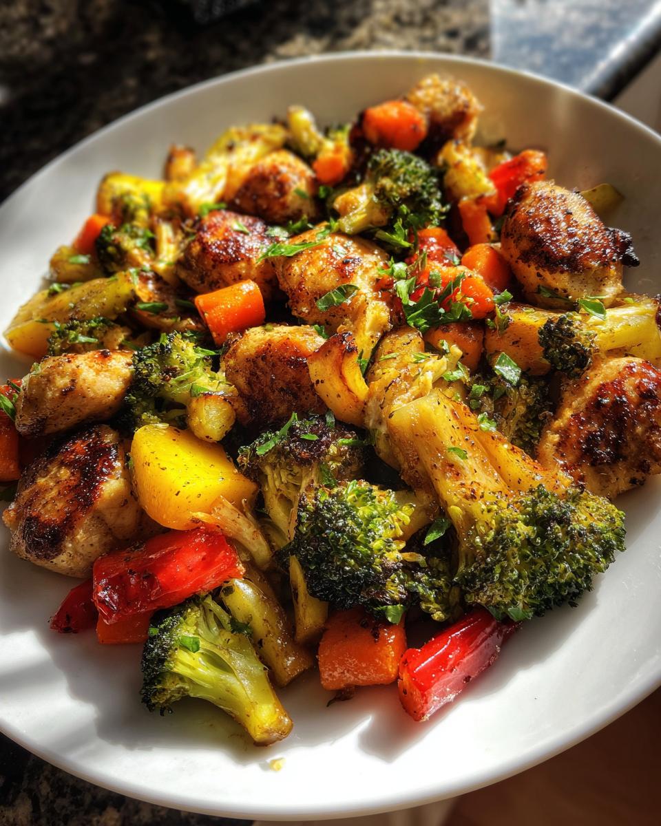 Close-up of a portion of Sheet Pan Chicken & Veggie Dinner served in a white bowl, featuring browned chicken pieces and roasted vegetables like broccoli, carrots, and peppers.