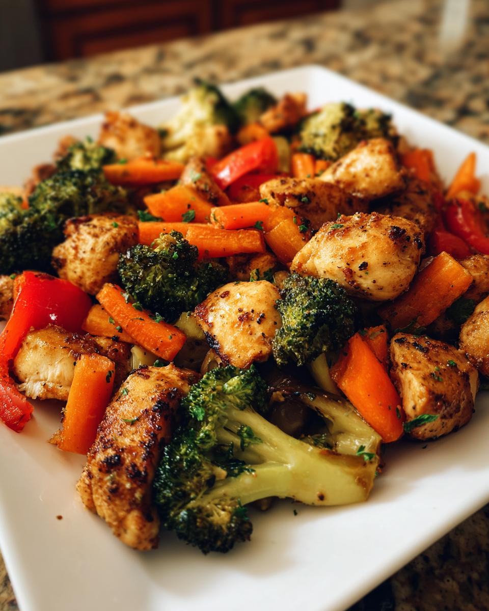 Close-up of seasoned chicken chunks mixed with roasted broccoli, carrots, and red peppers from a Sheet Pan Chicken & Veggie Dinner.