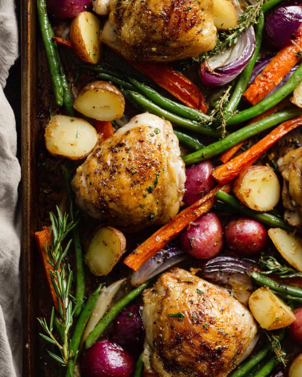 Overhead close-up of crispy Sheet-Pan Chicken & Veggies including chicken thighs, potatoes, carrots, and green beans.