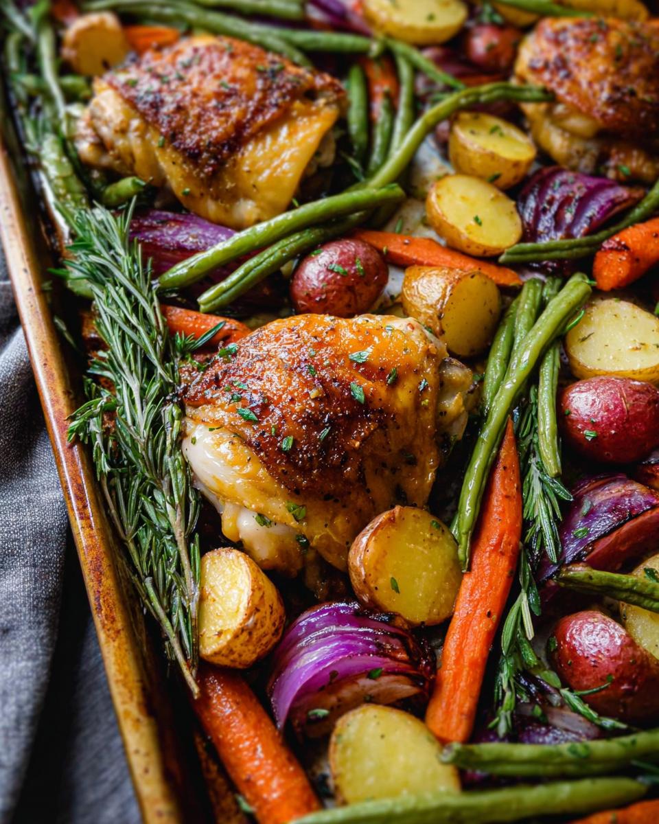 Close-up of crispy chicken thighs roasted with potatoes, carrots, green beans, and rosemary in a Sheet-Pan Chicken & Veggies meal.