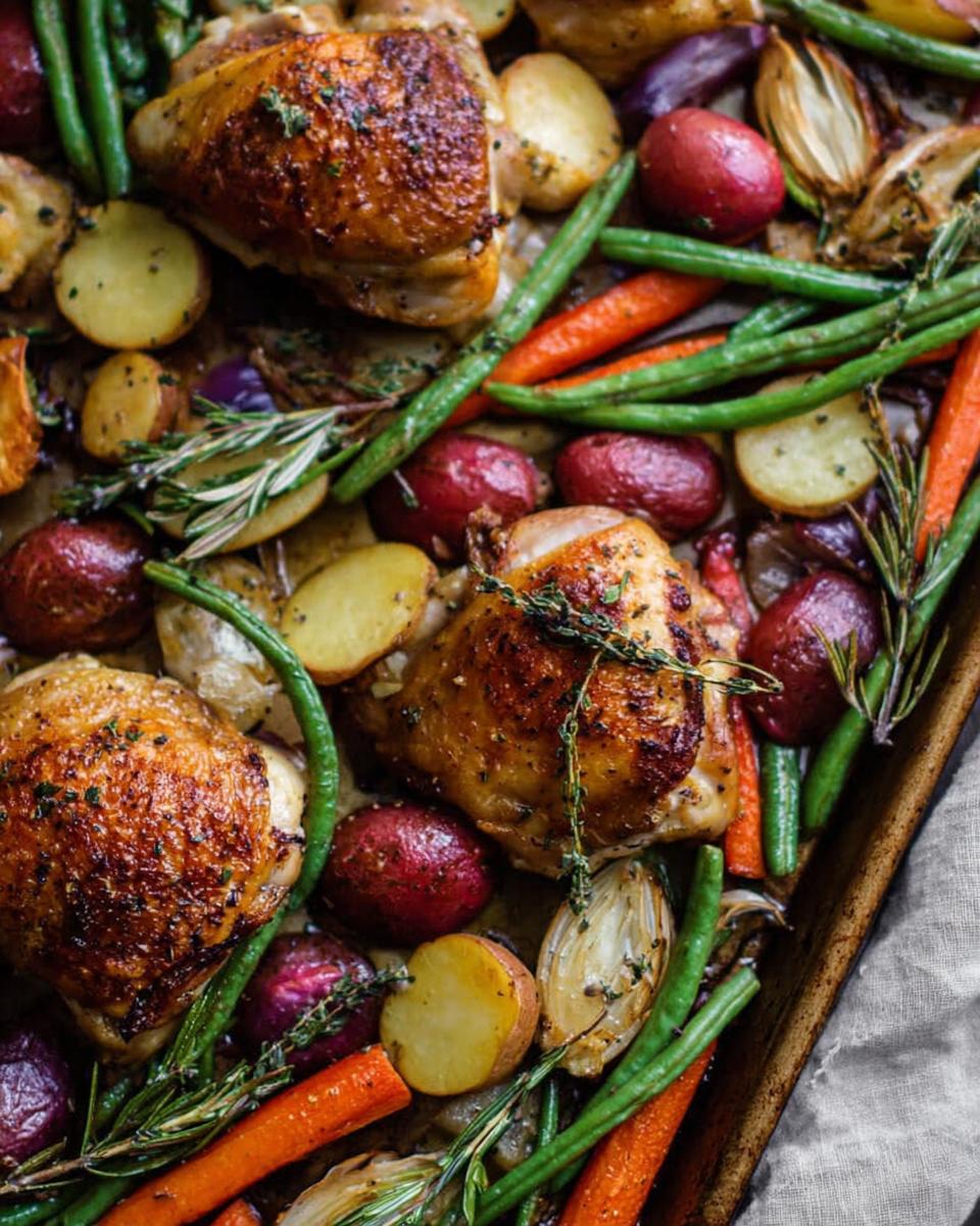 Close-up of crispy chicken thighs roasted with potatoes, green beans, and herbs on a sheet pan.