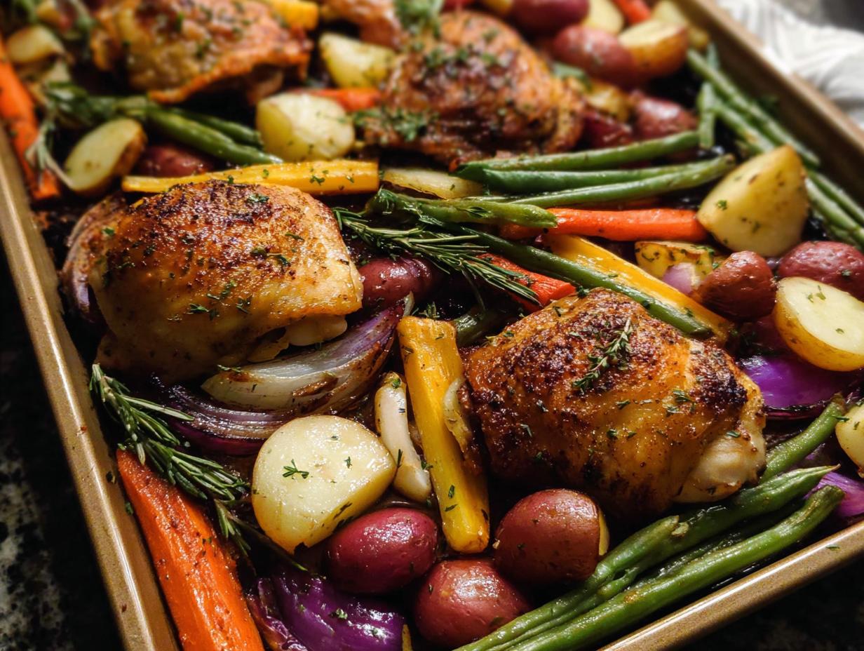 Close-up of crispy Sheet-Pan Chicken & Veggies including chicken thighs, potatoes, carrots, and green beans.