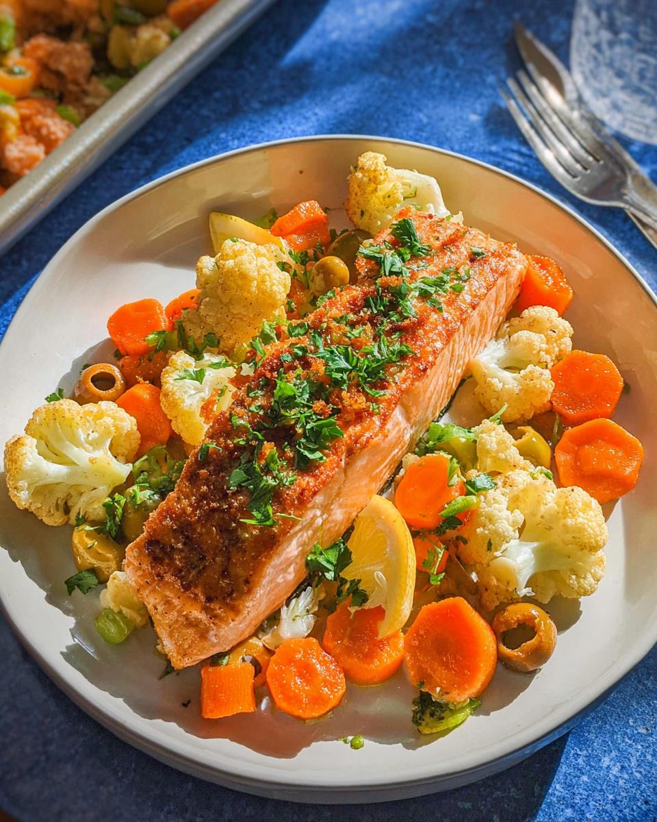 A plated serving of Sheet-Pan Salmon & Veg featuring a seasoned salmon fillet over roasted carrots and cauliflower.