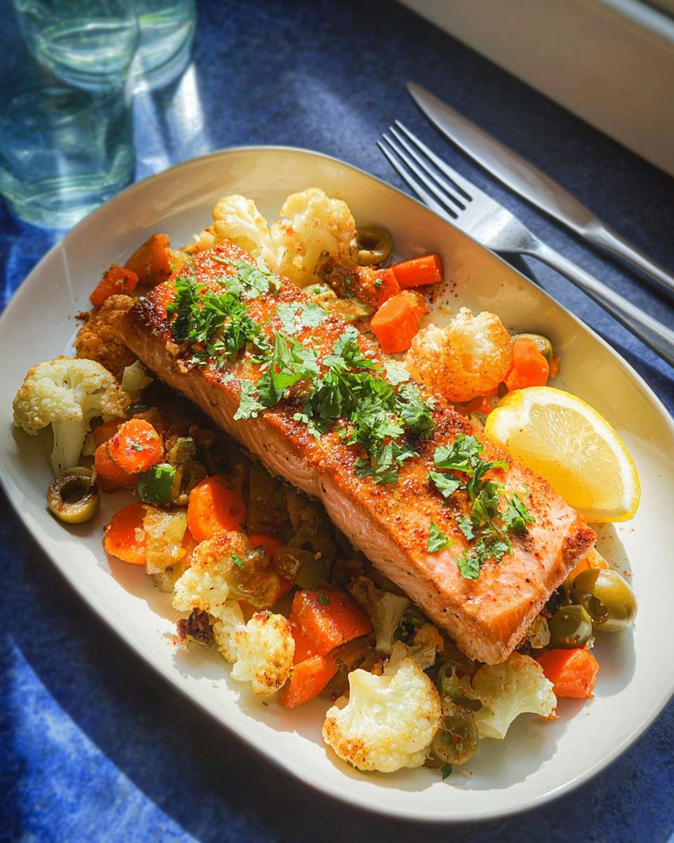 A beautifully plated serving of Sheet-Pan Salmon & Veg, featuring a seasoned salmon fillet over roasted cauliflower, carrots, and olives.