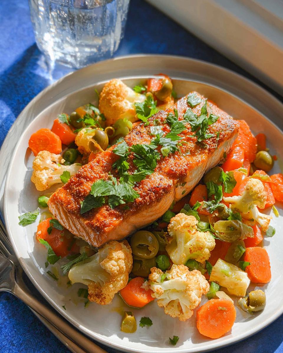 A plated serving of Sheet-Pan Salmon & Veg featuring a seasoned salmon fillet over roasted carrots, cauliflower, and green olives.