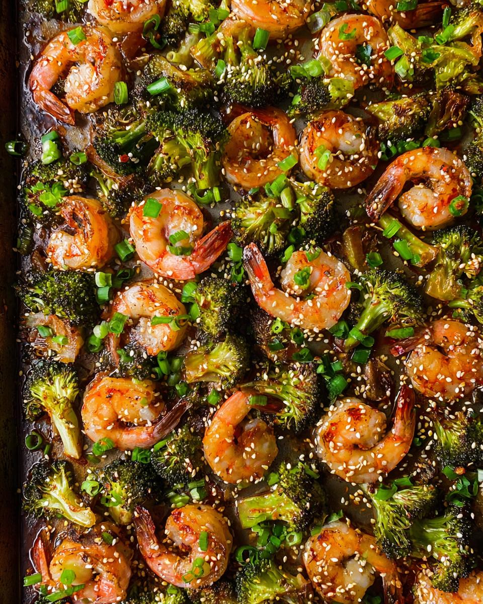Close-up overhead view of cooked Sheet-Pan Shrimp & Broccoli topped with sesame seeds and green onions.