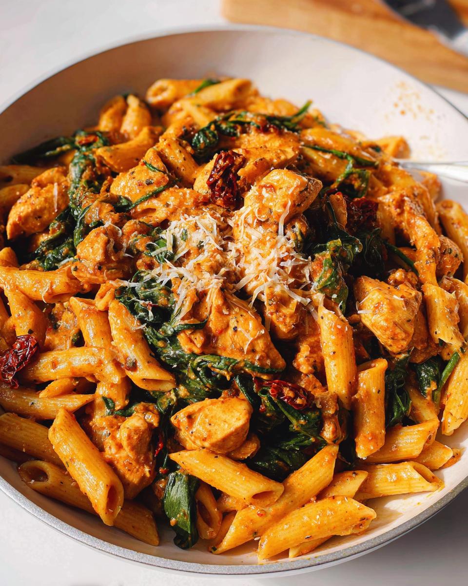 Close-up of a bowl filled with Showstopper Chicken and Pasta Delight, featuring penne, chicken chunks, spinach, and sun-dried tomatoes, topped with Parmesan.