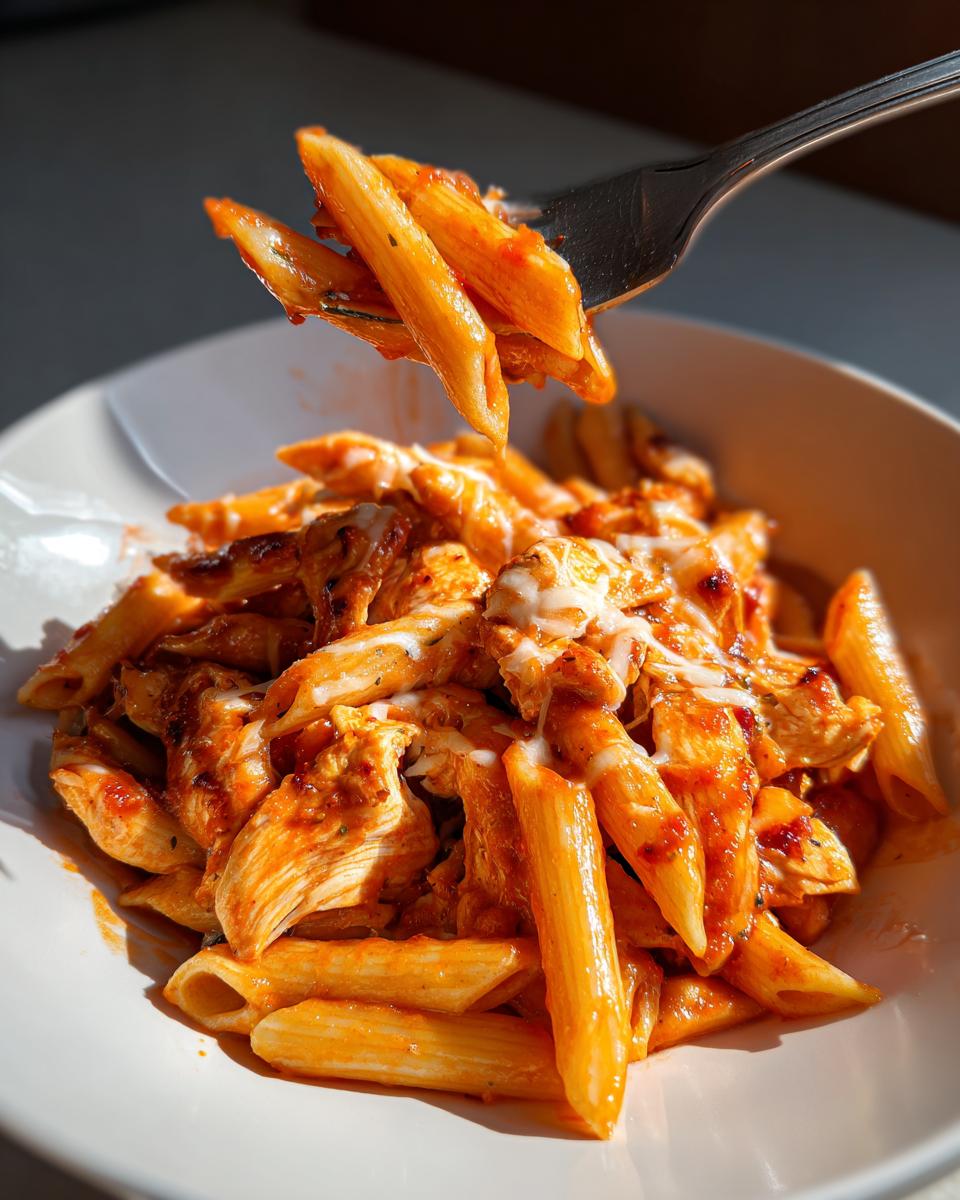 A fork lifting penne pasta coated in red sauce and chicken from a bowl of Showstopper Chicken and Pasta Delight.