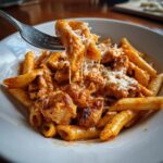 A fork lifts a cheesy bite of penne pasta and seasoned chicken from a bowl of Showstopper Chicken and Pasta Delight.