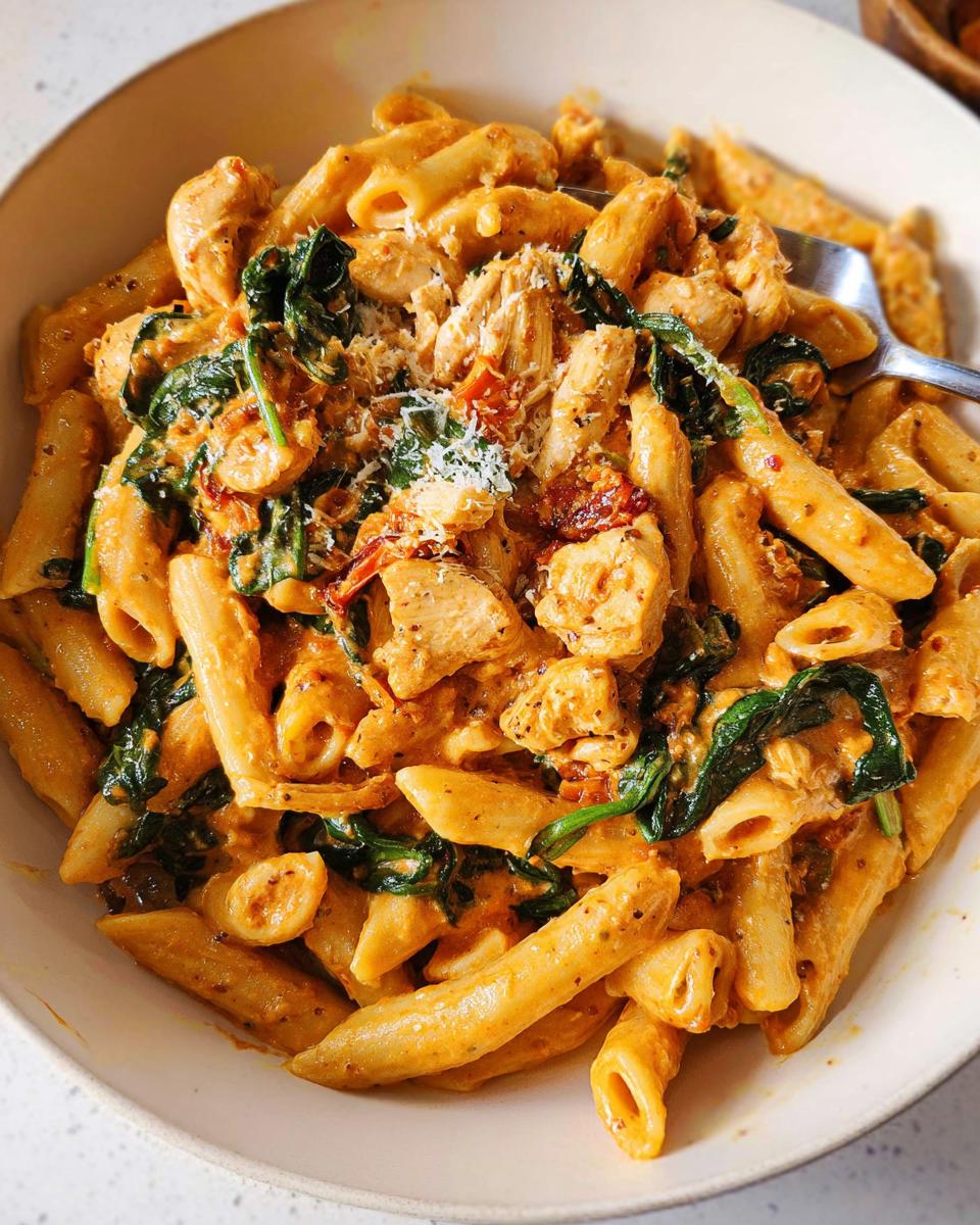 Close-up of creamy Showstopper Chicken and Pasta Delight with spinach and grated cheese.