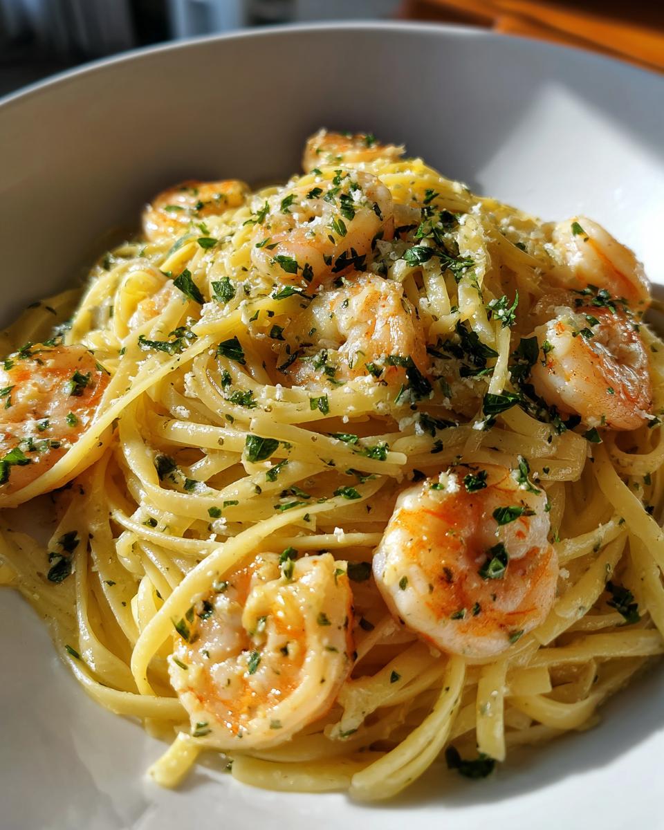 Close-up of linguine pasta topped with sautéed shrimp, garlic butter sauce, Parmesan, and parsley, perfect for Simple Dinner Ideas.