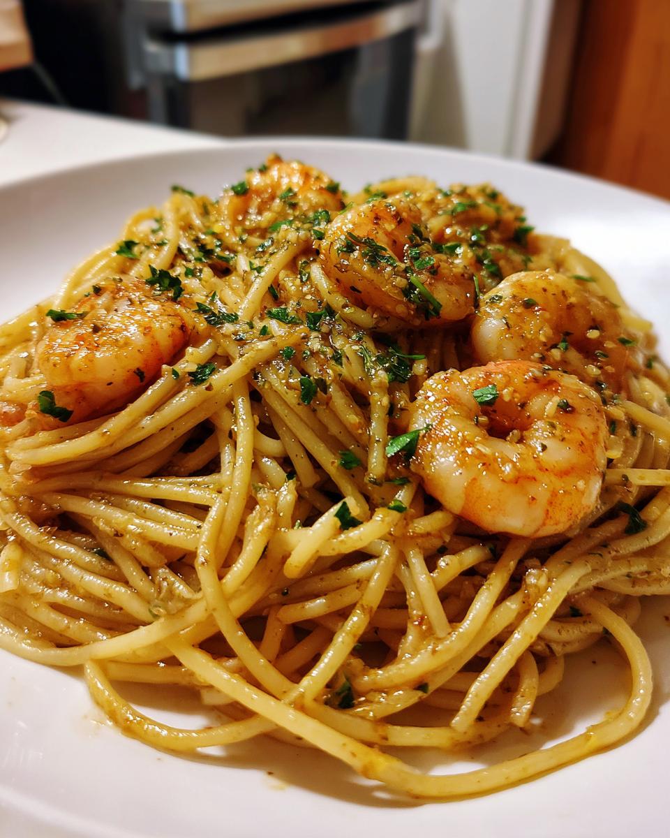 Close-up of shrimp scampi pasta, a perfect example of Simple Dinner Ideas, garnished with parsley.