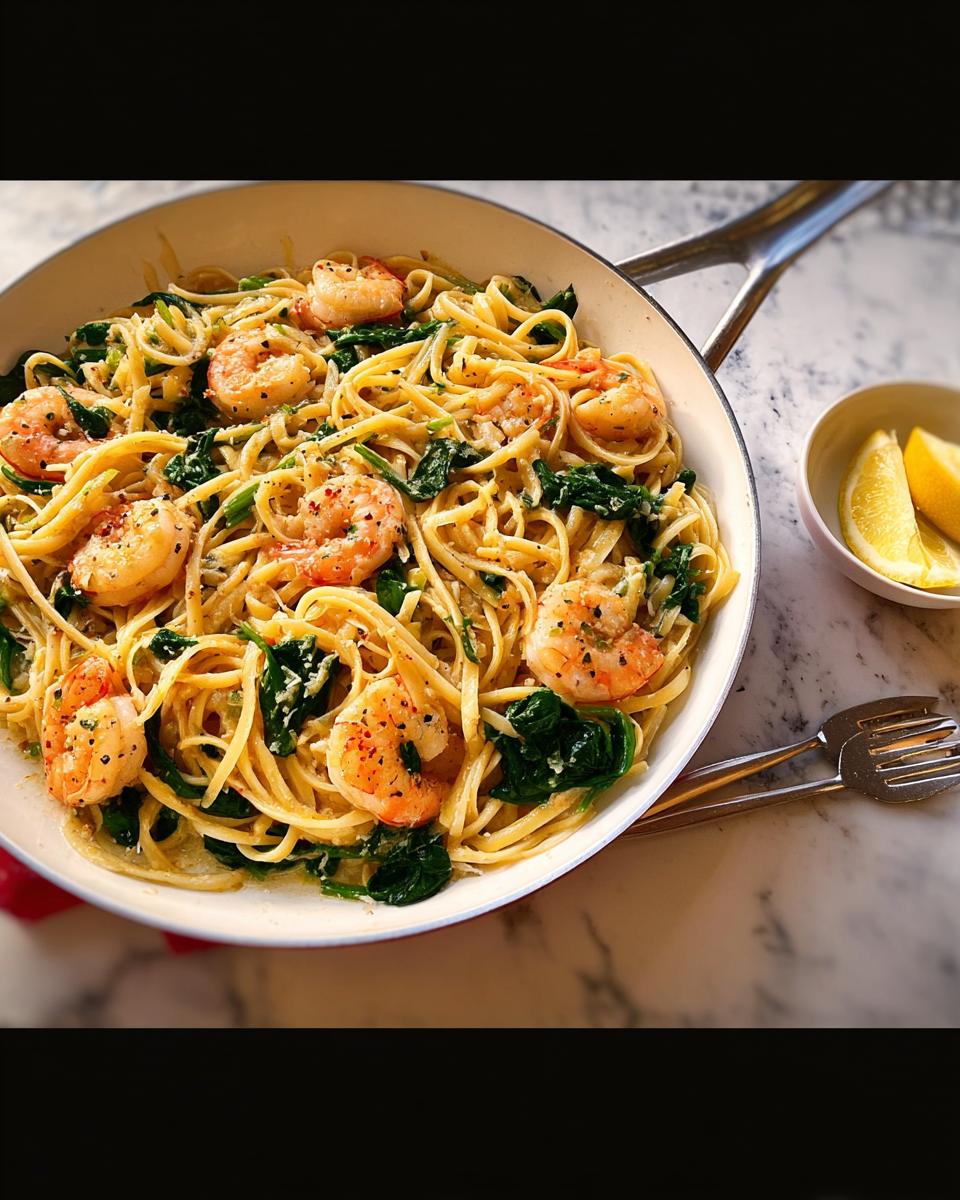 A skillet filled with shrimp scampi pasta and spinach, perfect for 30-Minute Dinner Ideas (Quick).