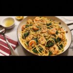 Pan of creamy shrimp scampi pasta with spinach, a perfect example of 30-Minute Dinner Ideas.