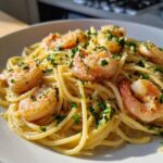 Close-up of shrimp scampi pasta with lemon, garlic, and parsley, a perfect example of Simple Dinner Ideas.