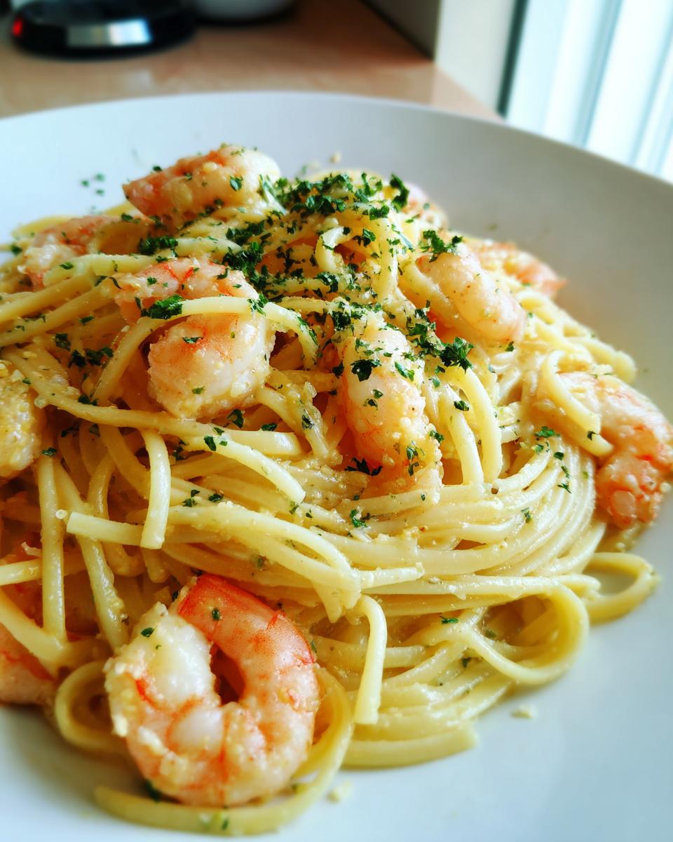 Close-up of shrimp scampi pasta tossed in a light sauce and topped with fresh parsley, perfect for Simple Dinner Ideas.