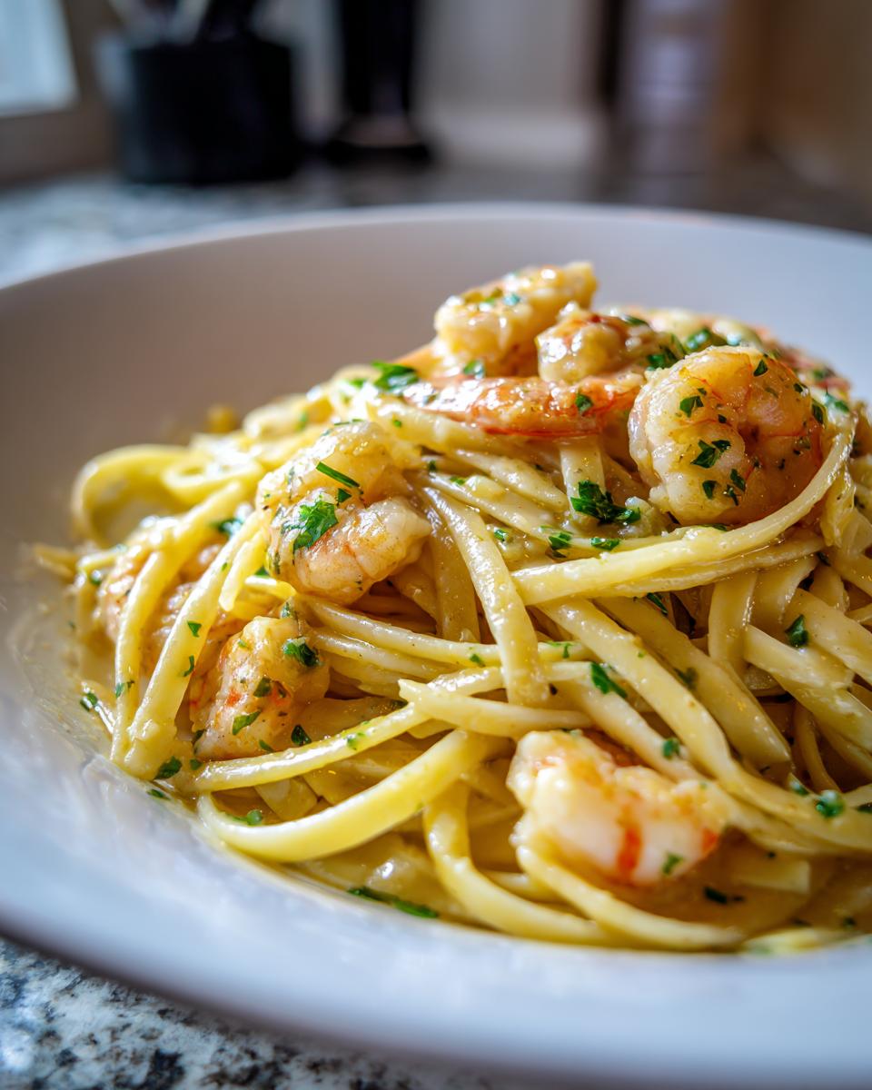 Close-up of creamy shrimp scampi pasta garnished with parsley, a great example of Simple Dinner Ideas.