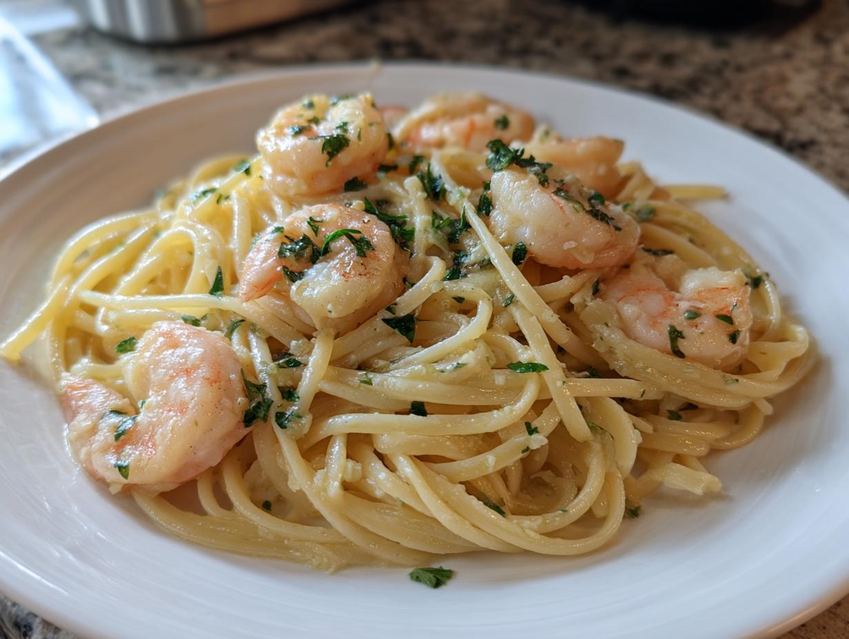 A plate of creamy shrimp scampi pasta garnished with fresh parsley, perfect for simple dinner ideas.