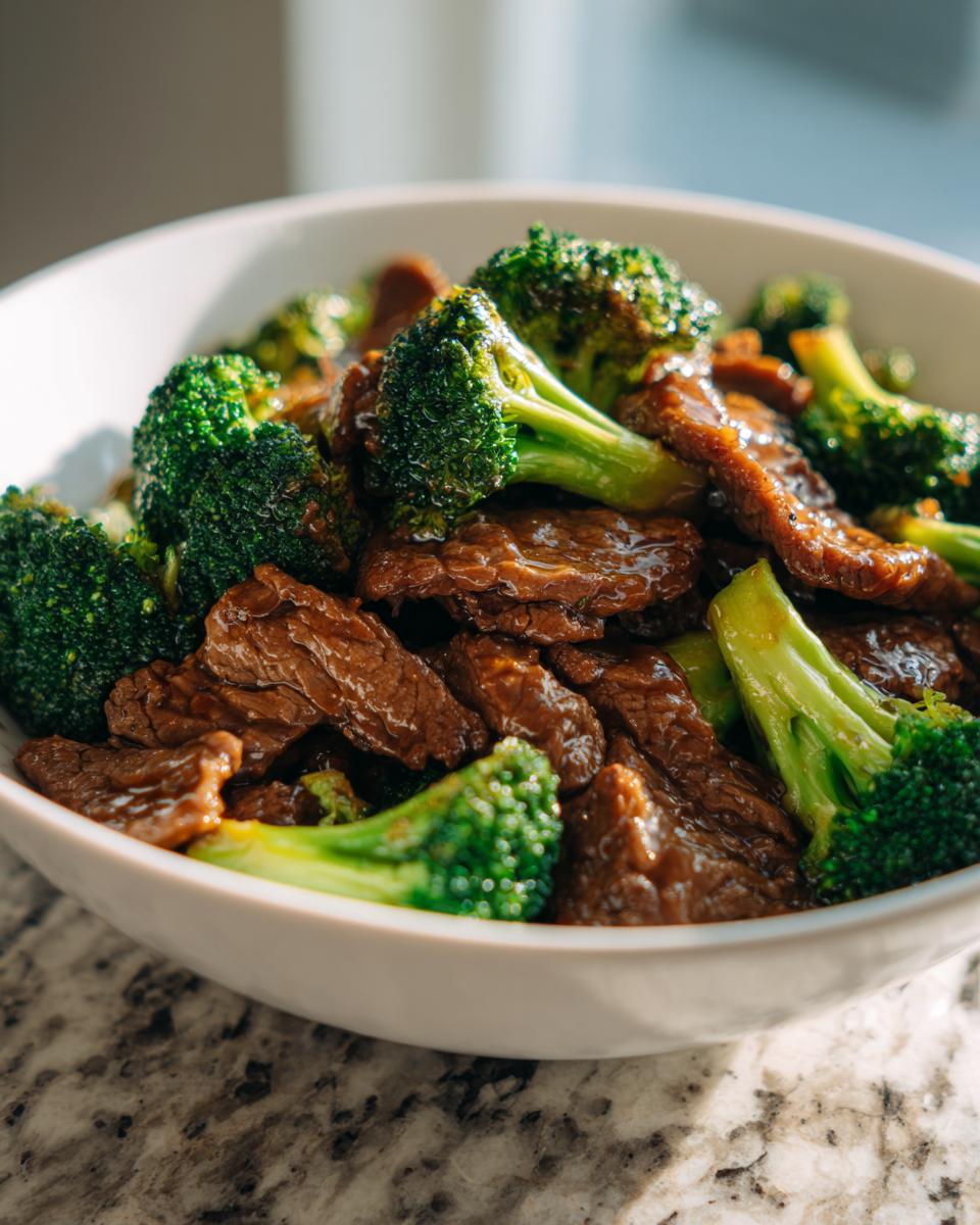A close-up view of a white bowl filled with glossy Simple Beef & Broccoli Stir Fry, featuring tender beef strips and bright green broccoli florets.
