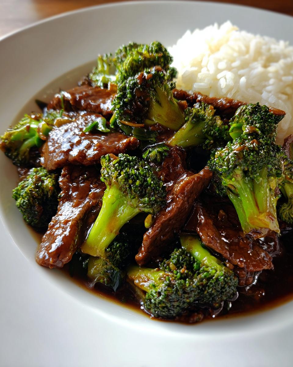 Close-up of a serving of Simple Beef & Broccoli Stir Fry coated in dark sauce, next to white rice.