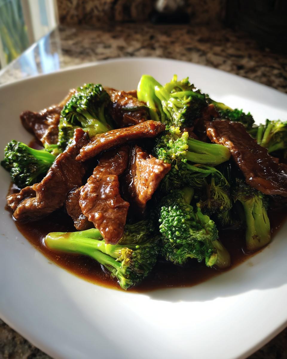 Close-up of tender strips of beef coated in brown sauce with bright green broccoli florets in a Simple Beef & Broccoli Stir Fry.