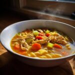 A close-up of a steaming white bowl filled with Simple Chicken Noodle Soup, featuring shredded chicken, carrots, celery, and egg noodles.