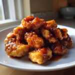 A mound of crispy Simple Honey Garlic Chicken Bites coated in a thick, glossy sauce on a white plate.