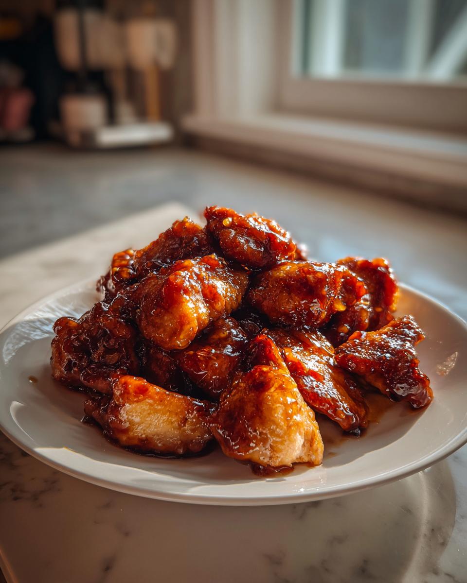 A pile of glossy, sticky Honey Garlic Chicken Bites coated in a dark glaze on a white plate.