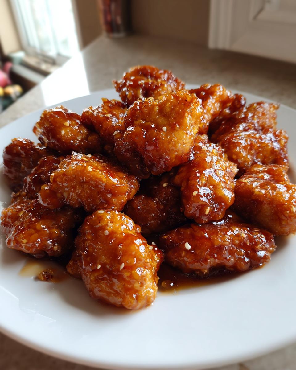 A close-up of crispy Simple Honey Garlic Chicken Bites coated in a thick, glossy sauce and sprinkled with sesame seeds.