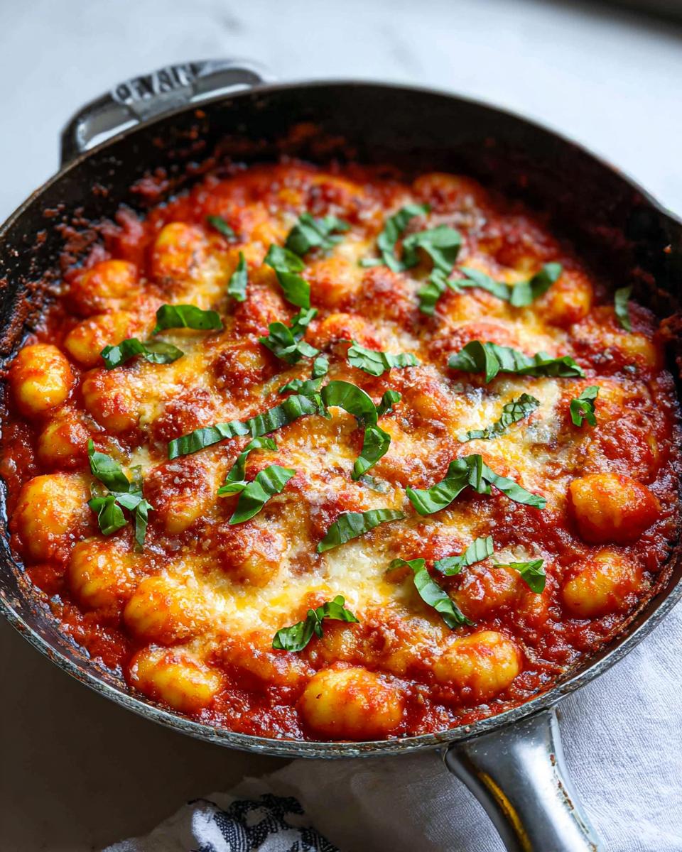 Close-up of bubbling Skillet Gnocchi Marinara topped with melted cheese and fresh basil.