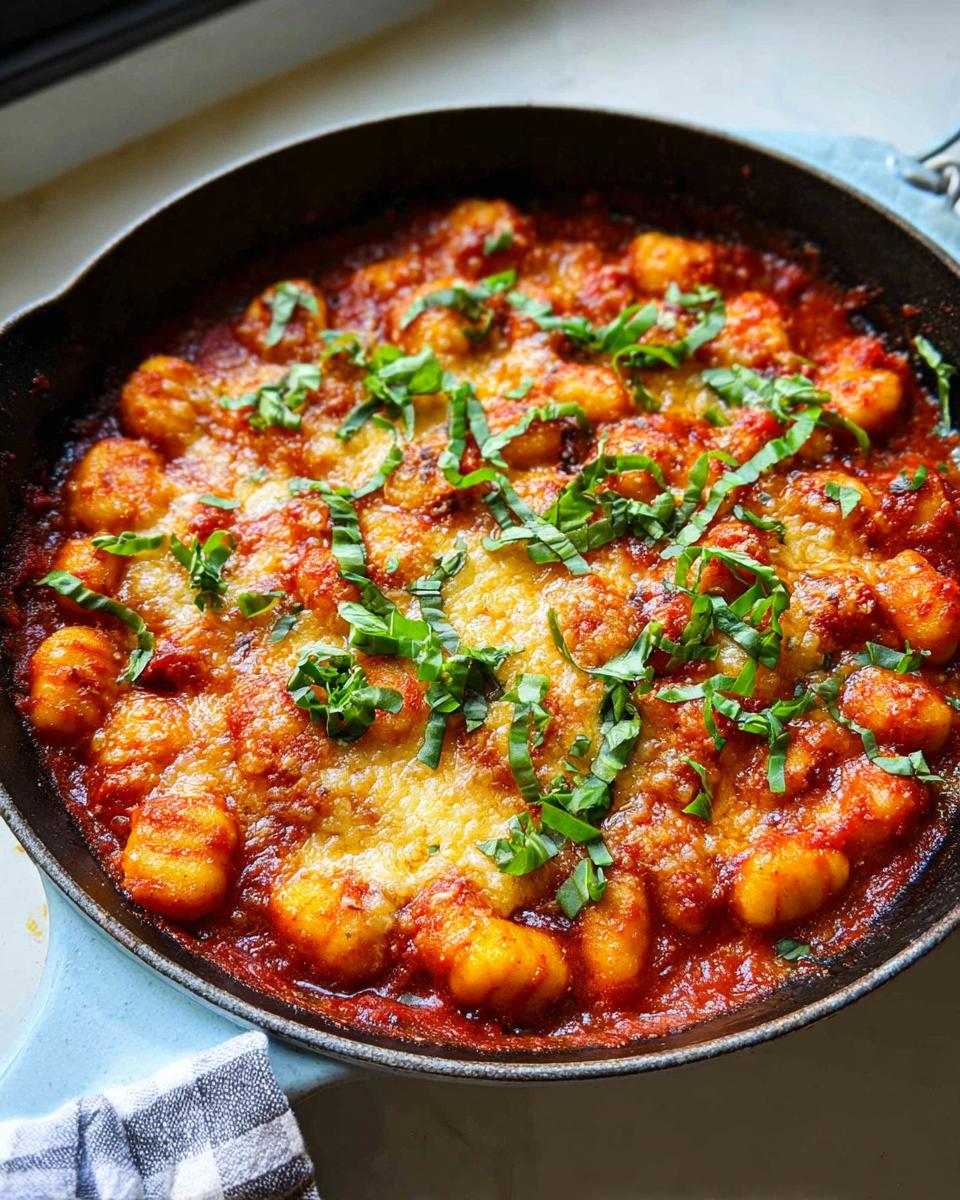 Close-up of Skillet Gnocchi Marinara topped with melted cheese and fresh basil.