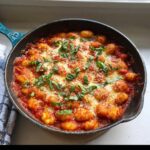 Close-up of cheesy Skillet Gnocchi Marinara topped with fresh basil in a cast iron pan.