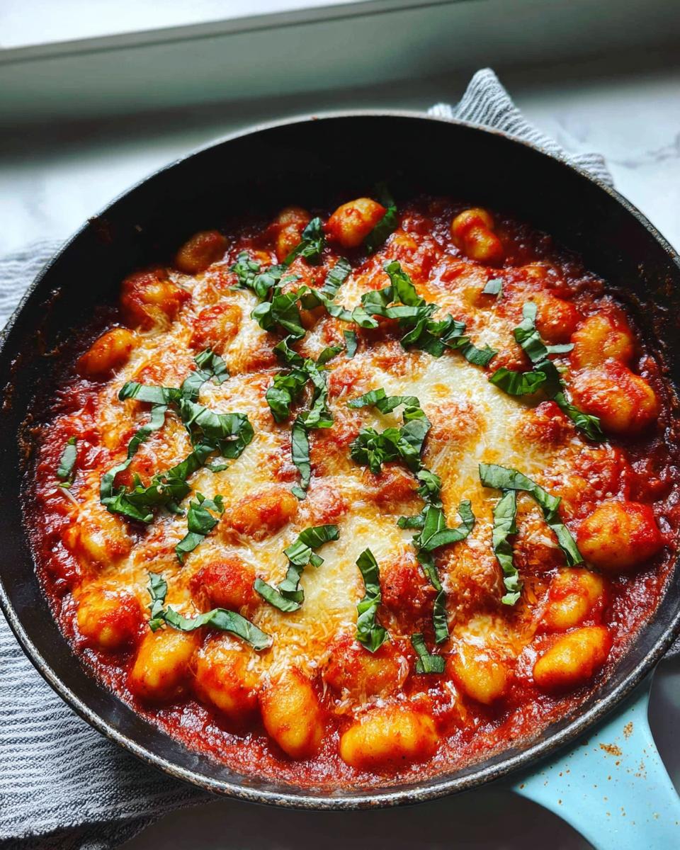Close-up of Skillet Gnocchi Marinara topped with melted cheese and fresh basil.
