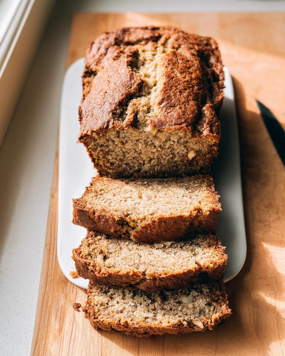 A freshly baked loaf of Vegan Banana Bread (Healthy) partially sliced on a white platter.