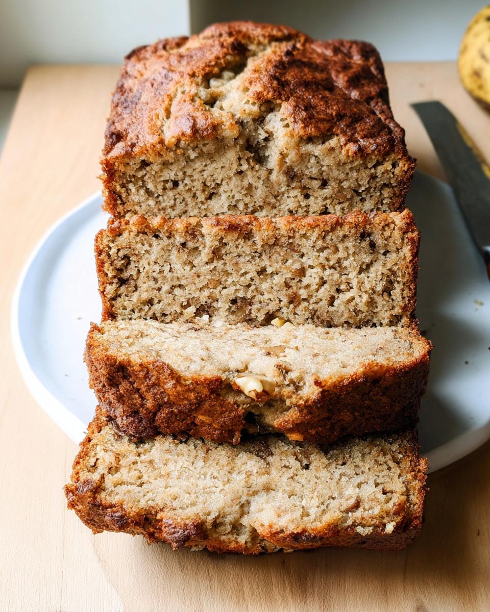 Close-up of a sliced loaf of moist Vegan Banana Bread (Healthy) showing a dense, nutty crumb.