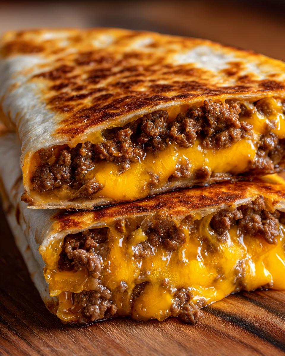 Close-up of two halves of a Smashburger Quesadillas showing ground beef filling and melted cheddar cheese.