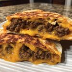 Close-up of two halves of a crispy Smashburger Quesadillas stacked, showing melted cheese and seasoned ground beef filling.