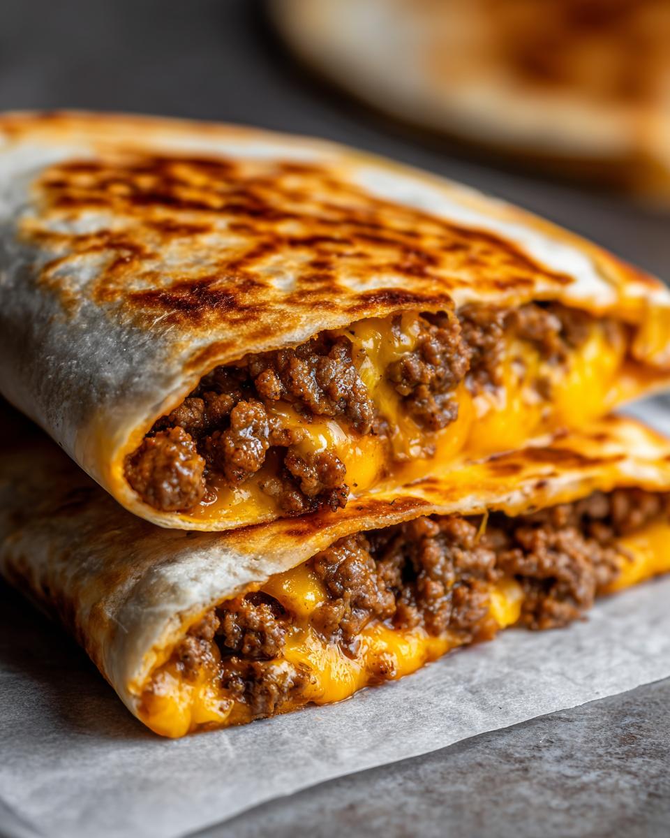 Close-up of two stacked Smashburger Quesadillas oozing with seasoned ground beef and melted cheddar cheese.