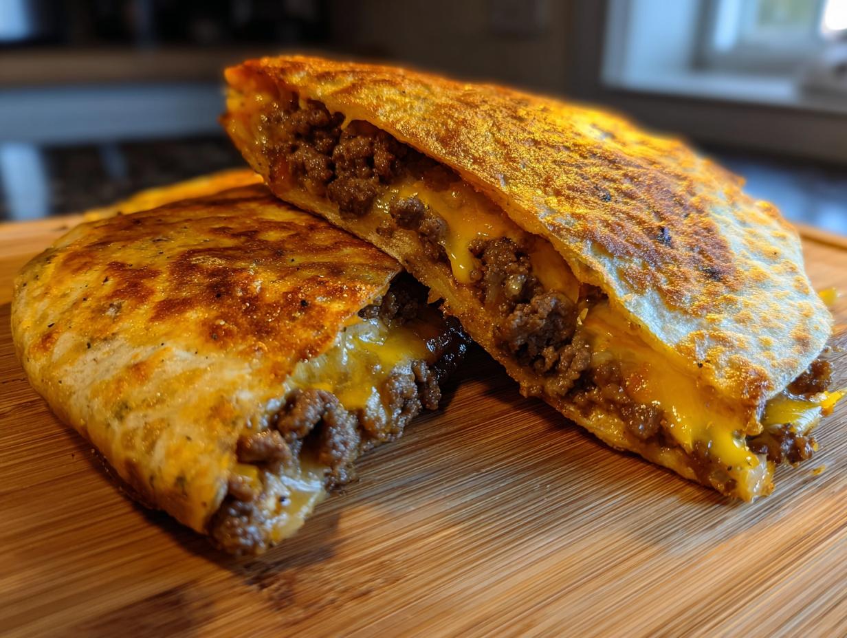 Close-up of Smashburger Quesadillas cut in half, revealing seasoned ground beef and melted cheese inside a crispy tortilla.